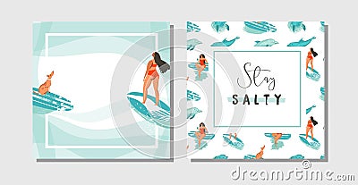 Hand drawn vector abstract exotic summer time funny save the date cards set collection template with surfer girls Vector Illustration