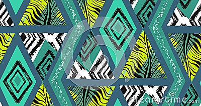 Hand drawn vector abstract freehand textured seamless tropical pattern collage with zebra motif,organic textures Vector Illustration