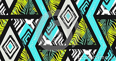 Hand drawn vector abstract freehand textured seamless tropical pattern collage with zebra motif,organic textures Vector Illustration