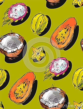 Hand drawn vector abstract freehand textured unusual seamless pattern with exotic tropical fruits papaya,dragon fruit Vector Illustration