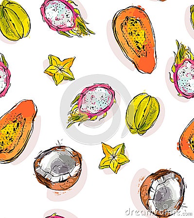 Hand drawn vector abstract freehand textured unusual seamless pattern with exotic tropical fruits papaya,dragon fruit Vector Illustration