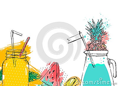 Hand drawn vector abstract fruit detox background with glass jar,watermelon,lemonade,mint leaves,pineapple and Vector Illustration