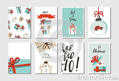 Hand drawn vector abstract fun Merry Christmas time cartoon cards collection set with cute illustrations,surprise gift Vector Illustration