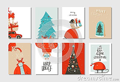 Hand drawn vector abstract fun Merry Christmas time cartoon cards collection set with cute illustrations,surprise gift Vector Illustration