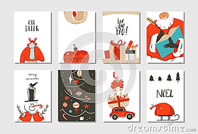 Hand drawn vector abstract fun Merry Christmas time cartoon cards collection set with cute illustrations,surprise gift Vector Illustration