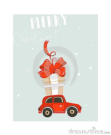 Hand drawn vector abstract fun Merry Christmas time cartoon illustration card with big red car toy and big surprise gift Vector Illustration