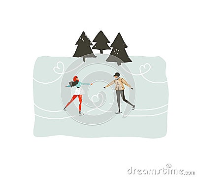 Hand drawn vector abstract fun Merry Christmas time cartoon illustration with young couple who skating in frozen forest Vector Illustration