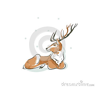 Hand drawn vector abstract fun Merry Christmas time cartoon illustration with young Santa Claus reindeer Rudolph Vector Illustration