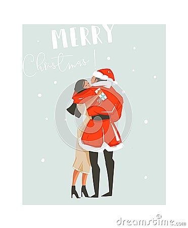 Hand drawn vector abstract fun Merry Christmas time cartoon illustrations card design template with kissing sweet couple Vector Illustration