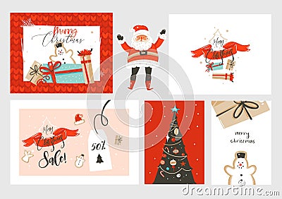 Hand drawn vector abstract fun Merry Christmas time cartoon illustrations greeting cards and backgrounds big collection Vector Illustration