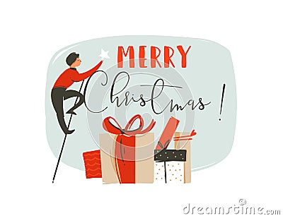 Hand drawn vector abstract fun Merry Christmas time illustration greeting card with man,star,many surprise gifts boxes Vector Illustration