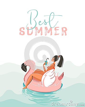 Hand drawn vector abstract fun summer time illustration card with girl swimming on pink flamingo float circle in blue Vector Illustration