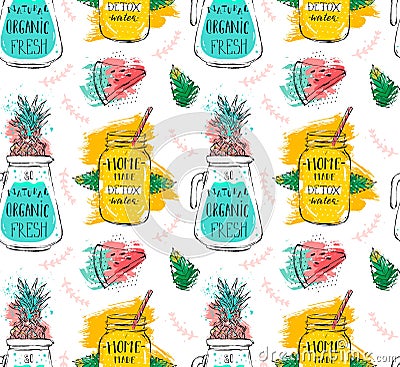 Hand drawn vector abstract funny summer time lemonade detox water seamless pattern with watermelon,brunches,pineapple Vector Illustration