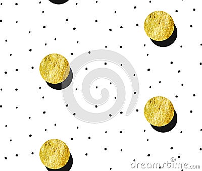 Hand drawn vector abstract gold full moon seamless pattern and polka dots texture isolated on white background.Design Vector Illustration