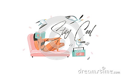 Hand drawn vector abstract graphic cartoon summer time flat illustrations print with relaxing reading girl with book Vector Illustration