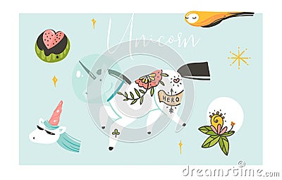 Hand drawn vector abstract graphic creative artistic cartoon illustrations collection set with unicorns with old school Vector Illustration