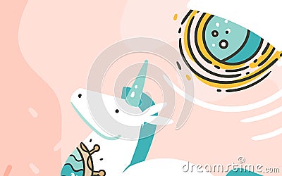 Hand drawn vector abstract graphic creative cartoon illustrations card template with astronaut unicorn with old school Vector Illustration