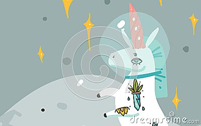 Hand drawn vector abstract graphic creative cartoon illustrations card template with astronaut unicorn with old school Vector Illustration