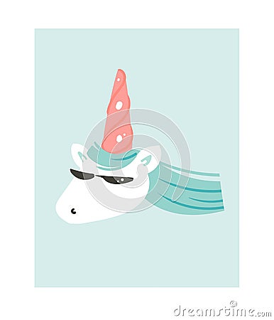 Hand drawn vector abstract graphic creative cartoon illustrations icon with simple cool unicorn with sunglasses isolated Vector Illustration