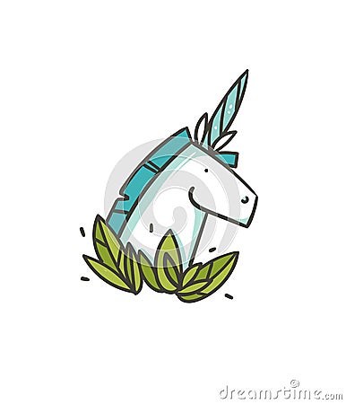 Hand drawn vector abstract graphic creative cartoon illustrations icon with simple unicorn in green leaves isolated on Vector Illustration