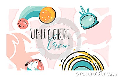 Hand drawn vector abstract graphic creative cartoon illustrations poster with astronaut space unicorn,comets and planets Vector Illustration