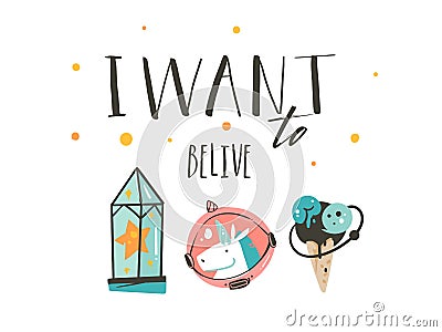 Hand drawn vector abstract graphic creative cartoon illustrations poster background with astronaut unicorns,stars Vector Illustration
