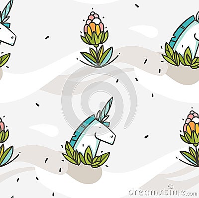 Hand drawn vector abstract graphic creative cartoon seamless pattern with unicorns leaves and flowers old school tattoo Vector Illustration