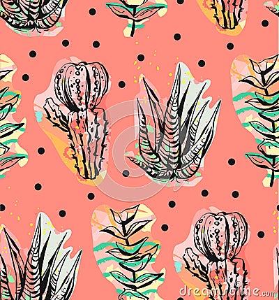 Hand drawn vector abstract graphic creative succulent,cactus and plants seamless pattern on polka dots background.Unique Vector Illustration