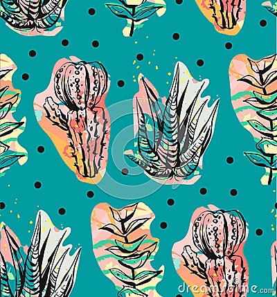 Hand drawn vector abstract graphic creative succulent,cactus and plants seamless pattern on polka dots background.Unique Vector Illustration