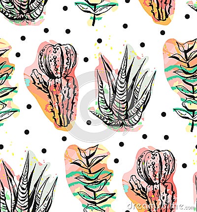 Hand drawn vector abstract graphic creative succulent,cactus and plants seamless pattern on polka dots background.Unique Vector Illustration