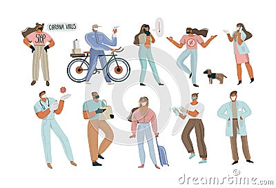 Hand drawn vector abstract graphic illustration with covid-19 concept people group set with face masks,home delivery Vector Illustration