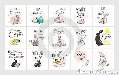 Hand drawn vector abstract graphic scandinavian collage Happy Easter cute illustrations greeting cards template Vector Illustration