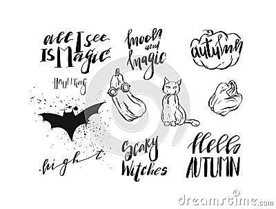 Hand drawn vector abstract handwritten modern calligraphy Halloween quotes,signs,logo,icons,illustrations,elements Vector Illustration