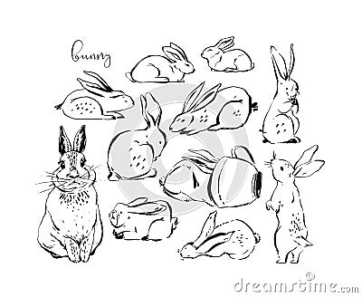 Hand drawn vector abstract ink sketch graphic drawing scandinavian Happy Easter simple bunny illustrations collection Vector Illustration