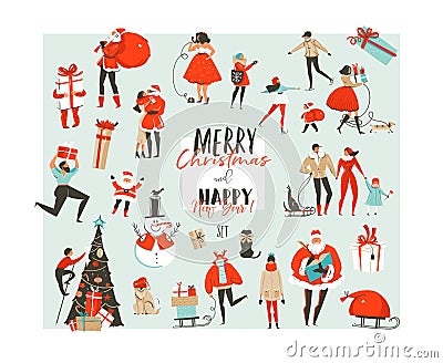 Hand drawn vector abstract Merry Christmas and Happy New Year time big cartoon illustrations collection set design Vector Illustration