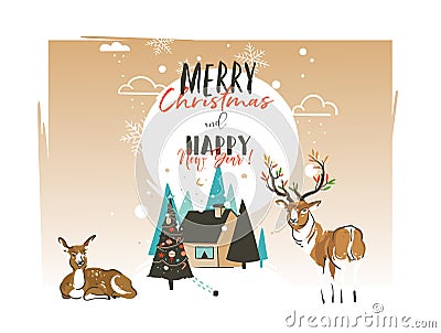 Hand drawn vector abstract Merry Christmas and Happy New Year 2018 time cartoon illustrations greeting card template Vector Illustration