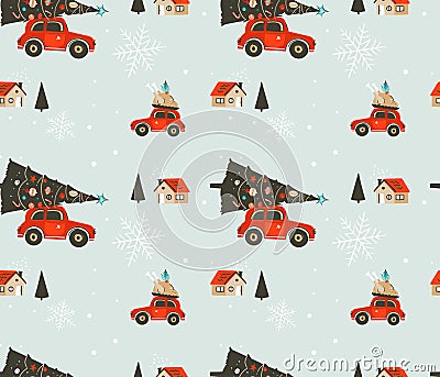 Hand drawn vector abstract Merry Christmas and Happy New Year time cartoon illustrations greeting seamless pattern with Vector Illustration