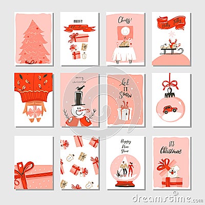 Hand drawn vector abstract Merry Christmas time cartoon cards collection set with cute illustrations,surprise gift boxes Vector Illustration