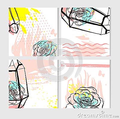 Hand drawn vector abstract save the Date greeting card collection set templates with succulent plant in terrarium and Vector Illustration