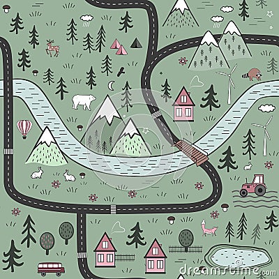 Hand drawn vector abstract scandinavian graphic illustration seamless pattern with houses, animals, trees and mountains Vector Illustration