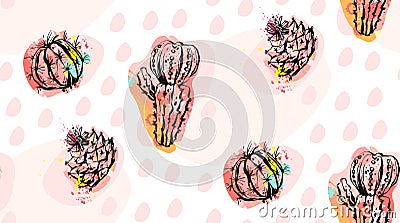 Hand drawn vector abstract seamless pattern collage with cacti plants illustrations and confetti shapes on Vector Illustration