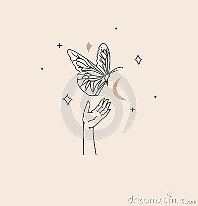 Hand drawn vector abstract stock flat graphic illustration with branding logo,bohemian celestial magic art of butterfly Vector Illustration