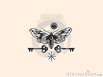 Hand drawn vector abstract stock flat graphic illustration with logo elements ,moth and key , magic line art in simple Vector Illustration