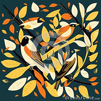 Hand drawn vector abstract stock graphic illustration with bullfinch birds and autumn leaves on green background Generative AI Cartoon Illustration