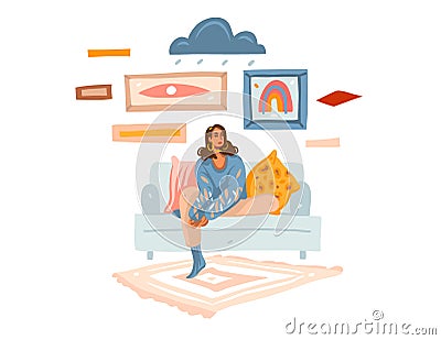 Hand drawn vector abstract stock graphic illustration with young melancholy female at home sitting on sofa and dreaming Vector Illustration