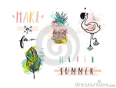 Hand drawn vector abstract summer holiday elements set with pink flamingo,tropical palm leaves,pineapple and funny Vector Illustration