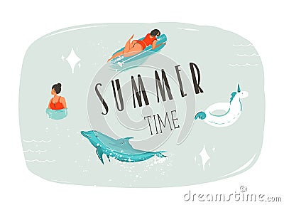 Hand drawn vector abstract summer time fun cartoon illustration with swimming people,surfer on longboard,unicorn float Vector Illustration