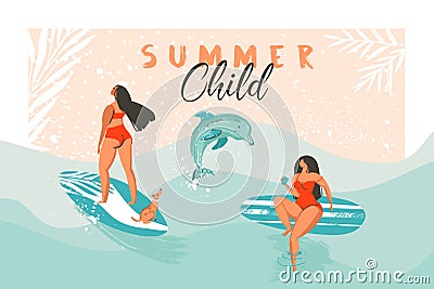 Hand drawn vector abstract summer time funny illustration poster with surfer girls in red bikini with dog on blue ocean Vector Illustration
