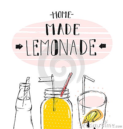Hand drawn vector abstract summer time illustration with lemonade detox glass jar bottle,lemon slice and handwritten Vector Illustration