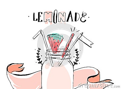 Hand drawn vector abstract summer time lemonade header illustration with glass bottle jar ,watermellon,ribbon and Vector Illustration